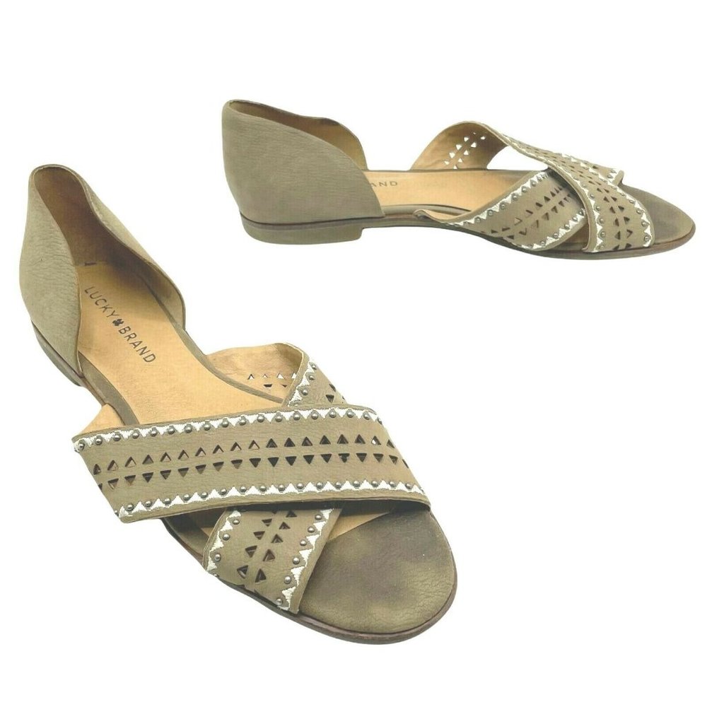 Lucky Brand Criss Cross Strap Flat Sandals Tan Size 8.5 Women Slip On Open Toe